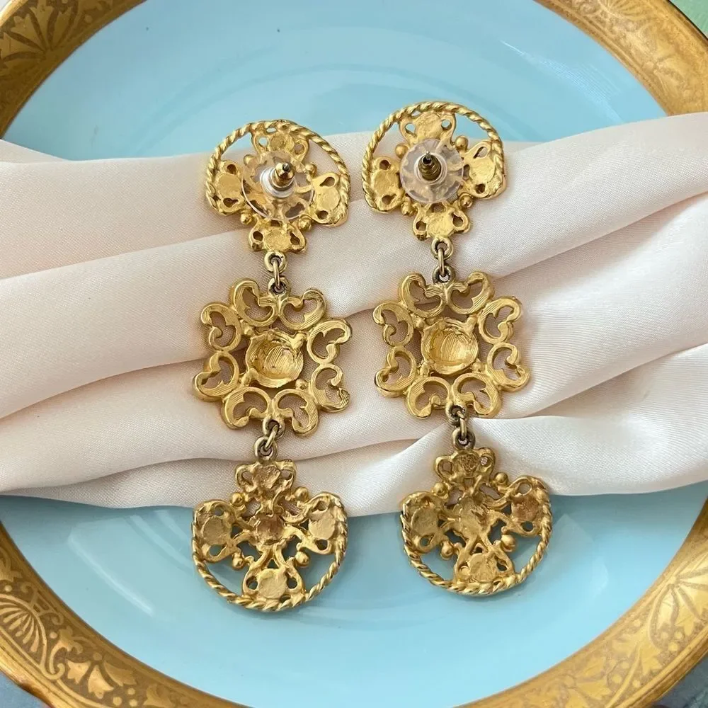 Vintage Gold Ornate Filagree Drop Statement Earrings